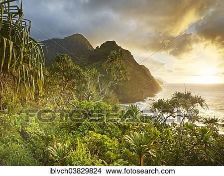 "Sunset on the Napali Coast, Kaua'i, Hawaii, USA" View Large Photo Image Picture - "Sunset on the Napali Coast, Kaua'i, Hawaii, USA". Fotosearch