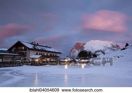 "Sunset over Plattkofel and Mahlknechthutte hut in winter, Saltria, Province of South Tyrol, Italy, Europe" View Large Photo Image Stock Photo - "Sunset over Plattkofel and Mahlknechthutte hut in winter, Saltria, Province of South Tyrol, Italy, Europe". Fotosearch