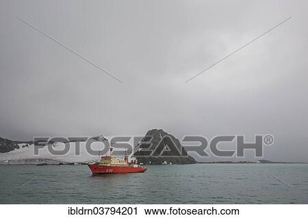 Stock Image - "Supply ship off the Argentine research station Orcadas Base, Laurie Island, South Orkney Islands, Antarctica". Fotosearch
