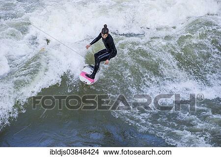 Surfer Eisbach Wave On The Isar Englischer Garten Munich Upper