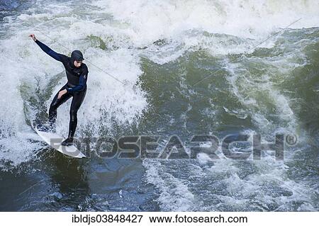 Surfer Eisbach Wave On The Isar Englischer Garten Munich Upper