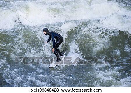 Surfer Eisbach Wave On The Isar Englischer Garten Munich Upper