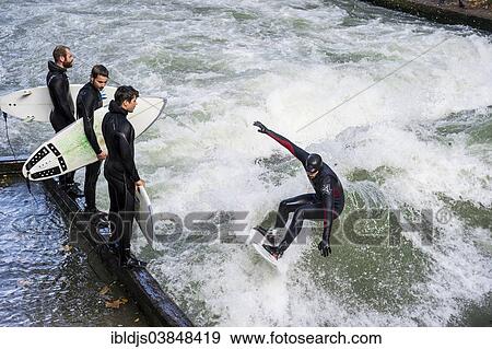 Surfers Eisbach Wave On The Isar Englischer Garten Munich