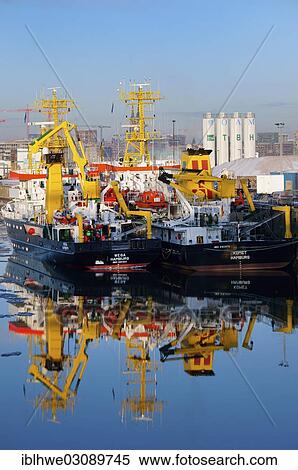 Stock Photography - "Survey vessels Wega and Komet, winter break in the Port of Hamburg, Hamburg, Hamburg, Germany, Europe". Fotosearch