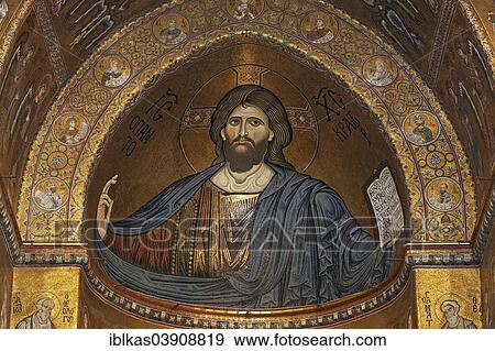 "Sustainer of the World"""" or Christ Pantocrator, Byzantine gold ground mosaics, Cathedral of Santa Maria Nuova, Monreale Cathedral, Monreale, Province of Palermo, Sicily, Italy, Europe" View Large Photo Image Stock Photo - "Sustainer of the World"""" or Christ Pantocrator, Byzantine gold ground mosaics, Cathedral of Santa Maria Nuova, Monreale Cathedral, Monreale, Province of Palermo, Sicily, Italy, Europe". Fotosearch