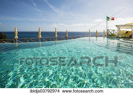 Picture - "Swimming pool and the Mediterranean with the flag of Italy, Monterosso al Mare, Cinque Terre, La Spezia Province, Liguria, Italy, Europe". Fotosearch