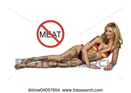 "Symbolic image for vegetarianism or veganism, young woman wearing a bikini in the national colours of Germany, the names of the usable meat pieces written on her body" View Large Photo Image Picture - "Symbolic image for vegetarianism or veganism, young woman wearing a bikini in the national colours of Germany, the names of the usable meat pieces written on her body". Fotosearch