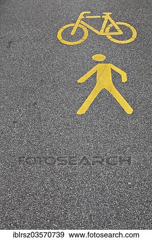 "Symbols on a road, bikes and pedestrians" View Large Photo Image Stock Photo - "Symbols on a road, bikes and pedestrians". Fotosearch
