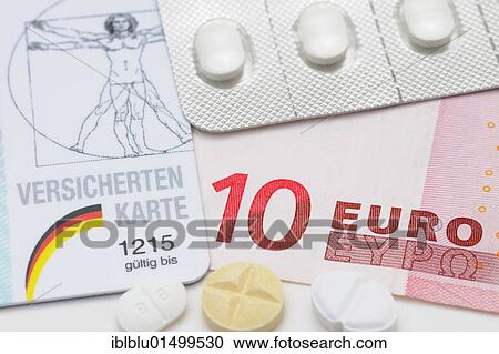 "Tablets, a health insurance card from AOK health insurance and a 10 euro banknote for consultation fees" View Large Photo Image Stock Image - "Tablets, a health insurance card from AOK health insurance and a 10 euro banknote for consultation fees". Fotosearch