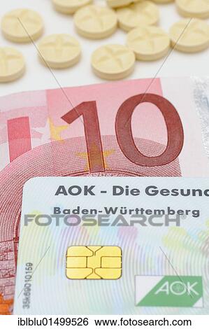 "Tablets, a health insurance card from AOK health insurance and a 10 euro banknote for consultation fees" View Large Photo Image Stock Photograph - "Tablets, a health insurance card from AOK health insurance and a 10 euro banknote for consultation fees". Fotosearch