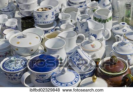 "Tableware for sale at the weekly flea market, Dresden, Saxony, Germany, Europe" View Large Photo Image Stock Photo - "Tableware for sale at the weekly flea market, Dresden, Saxony, Germany, Europe". Fotosearch