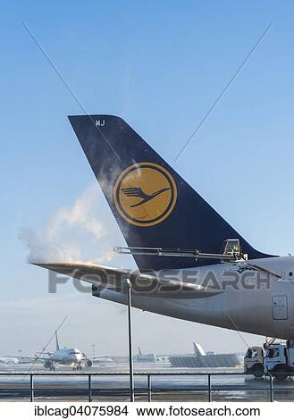 "Tail fin of a Lufthansa Airbus A380-841 during deicing at Frankfurt Airport, Frankfurt am Main, Hesse, Germany, Europe" View Large Photo Image Picture - "Tail fin of a Lufthansa Airbus A380-841 during deicing at Frankfurt Airport, Frankfurt am Main, Hesse, Germany, Europe". Fotosearch