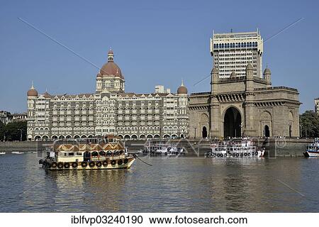 Stock Image - "Taj Mahal Hotel and the Gateway of India, Mumbai landmarks, Mumbai, Maharashtra, India, Asia". Fotosearch