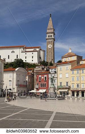 Stock Image - "Tartini Square and the Church of St. George, Piran, Istria, Slovenia, Europe". Fotosearch
