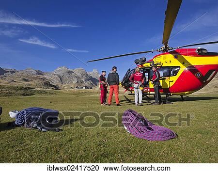Stock Image - Team of the Securite Civile rescue organization preparing themselves for duty in Vallee d'Ossoue in the French Western Pyrenees, France, Europe, PublicGround, Europe. Fotosearch