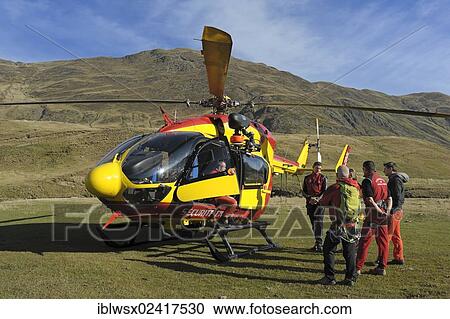 Stock Image - Team of the Securite Civile rescue organization preparing themselves for duty in Vallee d'Ossoue in the French Western Pyrenees, France, Europe, PublicGround, Europe. Fotosearch