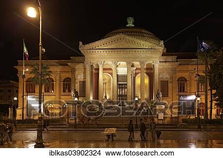 Picture - "Teatro Massimo, at night, Palermo, Sicily, Italy, Europe". Fotosearch