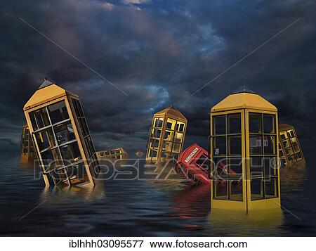 Stock Photo - "Telephone booths, sinking in water". Fotosearch