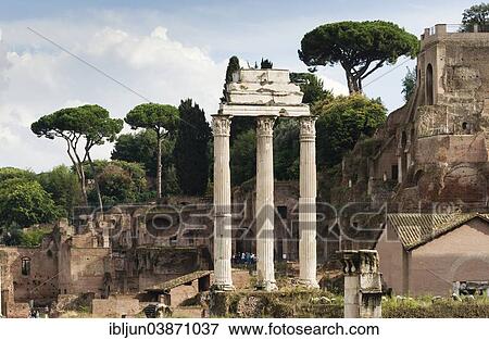 Stock Photo - "Temple of Castor and Pollux, 484 BC, Corinthian columns, in front of Santa Maria Antiqua and the Temple of Augustus, Roman Forum, Rome, Lazio, Italy, Europe". Fotosearch