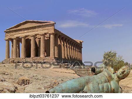 Stock Photo - "Temple of Concordia with an overturned bronze statue at front, Agrigento, Province of Agrigento, Sicily, Italy, Europe". Fotosearch