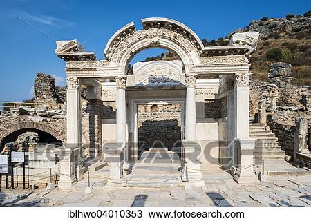 Stock Image - "Temple of Hadrian with a restored gable, a so-called Syrian gable, ancient city of Ephesus, UNESCO World Heritage Site, Selcuk, Izmir Province, Turkey, Asia". Fotosearch