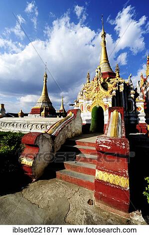 Stock Image - "Temples, pagodas, Nyaungshwe on Lake Inle, Burma also known as Myanmar, Southeast Asia, Asia". Fotosearch