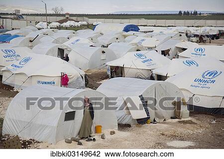 Stock Image - "Tents, camp for Syrian refugees of the civil war near the Turkish border, Bab al-Salameh, Azaz, Aleppo, Syria, Asia". Fotosearch