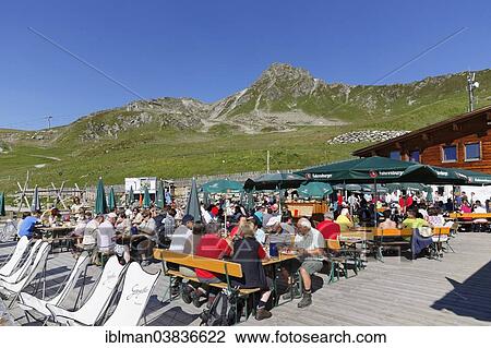 Stock Image - "Terrace of the Schafberg-Husli mountain inn, Mt Gargellner Kopfe, Montafon, Ratikon, Vorarlberg, Austria, Europe". Fotosearch
