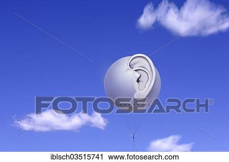 "Tethered balloon with a three-dimensional human ear against a blue sky with white clouds, symbolic image for bugging or spying, Bavaria, Germany, Europe" View Large Photo Image Stock Image - "Tethered balloon with a three-dimensional human ear against a blue sky with white clouds, symbolic image for bugging or spying, Bavaria, Germany, Europe". Fotosearch