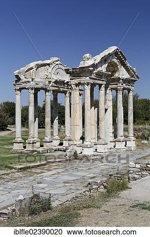 Stock Image - "Tetrapylon or Propylon at the ancient archaeological site of Aphrodisias, Geyre, Karacasu, Aydin, Western Turkey, Turkey, Asia". Fotosearch