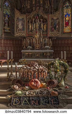 Picture - "Thanksgiving decorations in St Pelagius Church, late Gothic shrine figures of the high altar at the back, Weitnau, Oberallgau, Allgau, Bavaria, Germany, Europe". Fotosearch