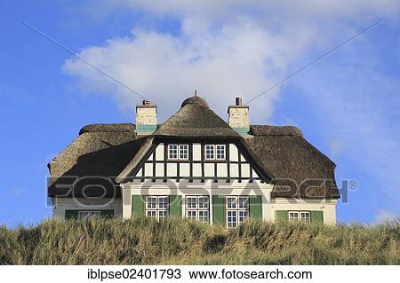 Stock Image - "Thatched house on the cliffs of Lokken, North Jytland, Denmark, Europe". Fotosearch