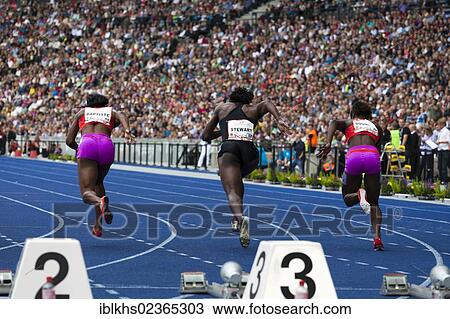 Stock Image - "The 100-meter runners Baptiste, Stewart and Soumare after the start of the sprinting competition at ISTAF 2012, Berlin Olympic Stadium, Berlin, Germany, Europe". Fotosearch