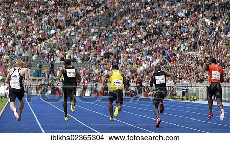 Picture - "The 100-meter runners Jakubczyk, Patton, Frater, Collins and Bailey Cole after the start of the sprinting competition at ISTAF 2012, Berlin Olympic Stadium, Berlin, Germany, Europe". Fotosearch