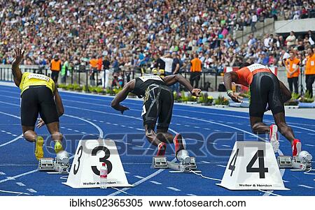 "The 100-meter runners Michael Framer, Kim Collins and Kemar Bailey-Cole immediately after the start of the sprinting competition at ISTAF 2012, Berlin Olympic Stadium, Berlin, Germany, Europe" View Large Photo Image Stock Photography - "The 100-meter runners Michael Framer, Kim Collins and Kemar Bailey-Cole immediately after the start of the sprinting competition at ISTAF 2012, Berlin Olympic Stadium, Berlin, Germany, Europe". Fotosearch
