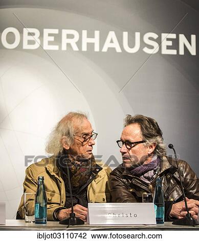 Stock Image - "The artist Christo, left, with project manager Wolfgang Volz, press conference at the opening of the exhibition of the Christo-installation """"Big Air Package"""" in the Gasometer Oberhausen, Oberhausen, North Rhine-Westphalia, Germany, Europe". Fotosearch