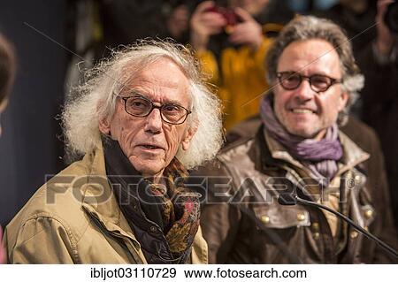 Stock Photo - "The artist Christo, left, with project manager Wolfgang Volz, press conference at the opening of the exhibition of the Christo-installation """"Big Air Package"""" in the Gasometer Oberhausen, Oberhausen, North Rhine-Westphalia, Germany, Europe". Fotosearch