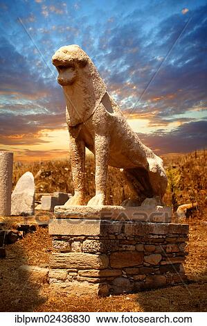 Stock Image - "The Avenue of the Lions in the ruins of the Greek city of Delos, the birthplace of the twin gods Apollo and Artemis, Cyclades Islands, Greece, Europe". Fotosearch