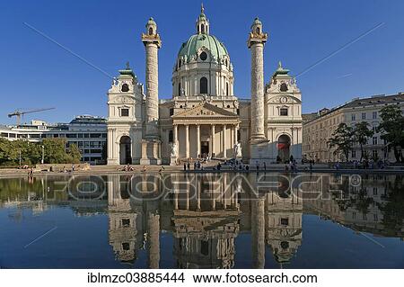"The baroque Karlskirche church, inaugurated in 1739, with reflections in the Tilgner Fountains, the columns show in a spiral relief motifs from the life of Charles Borromeo, Vienna, Vienna State, Austria, Europe" View Large Photo Image Picture - "The baroque Karlskirche church, inaugurated in 1739, with reflections in the Tilgner Fountains, the columns show in a spiral relief motifs from the life of Charles Borromeo, Vienna, Vienna State, Austria, Europe". Fotosearch