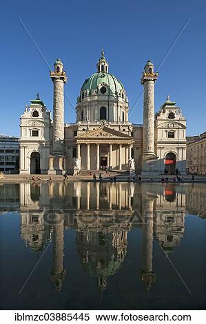 "The baroque Karlskirche church, inaugurated in 1739, with reflections in the Tilgner Fountains, the columns show in a spiral relief motifs from the life of Charles Borromeo, Vienna, Vienna State, Austria, Europe" View Large Photo Image Stock Photography - "The baroque Karlskirche church, inaugurated in 1739, with reflections in the Tilgner Fountains, the columns show in a spiral relief motifs from the life of Charles Borromeo, Vienna, Vienna State, Austria, Europe". Fotosearch