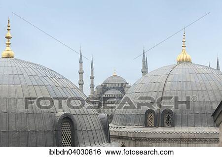 Stock Photograph - "The Blue Mosque, between Aya Sofya domes, Istanbul, Turkey, Asia". Fotosearch