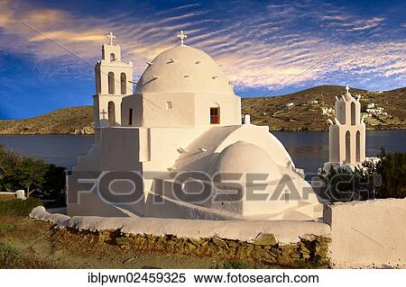 Stock Photography - "The Byzantine church of Agia Irene on the harbour of Ormos, Ios, Cyclades Islands, Greece, Europe". Fotosearch