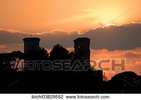 Stock Image - "The castle at sunset, Chateaurenard, Bouches-du-Rhone, Provence-Alpes-Cote d'Azur, Southern France, France, Europe". Fotosearch