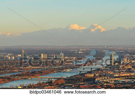 "The city and the New Danube river at dusk, seen from the Kahlenberg mountain, Vienna, Vienna State, Austria, Europe" View Large Photo Image Stock Photograph - "The city and the New Danube river at dusk, seen from the Kahlenberg mountain, Vienna, Vienna State, Austria, Europe". Fotosearch