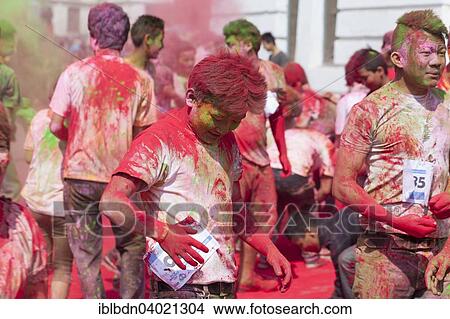 Picture - "The colour run, part of the Holi festival celebrations, Kathmandu, Nepal, Asia". Fotosearch
