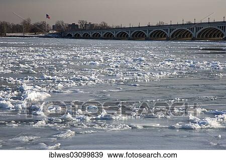 Stock Photo - "The Detroit River in winter, MacArthur Bridge, Detroit, Michigan, United States, North America". Fotosearch