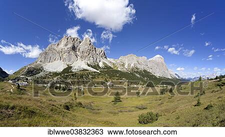 Stock Image - "The Dolomites and the Tofane mountain group, Lagazuoi mountain in the middle, Falzarego Pass, Veneto region, province of Belluno, Italy, Europe". Fotosearch