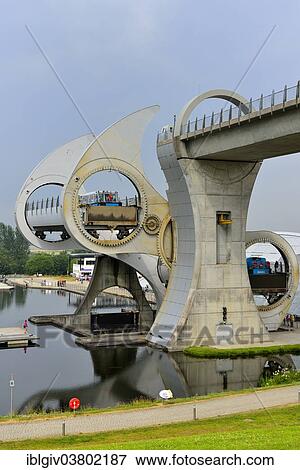 Stock Photo - "The Falkirk Wheel, unique boat lift in the shape of a ferris wheel, connecting the Forth and Clyde Canal with the Union Canal, Falkirk, Central Scotland, United Kingdom, Europe". Fotosearch