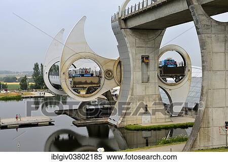 Stock Photography - "The Falkirk Wheel, unique boat lift in the shape of a ferris wheel, connecting the Forth and Clyde Canal with the Union Canal, Falkirk, Central Scotland, United Kingdom, Europe". Fotosearch