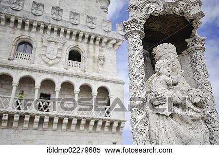 Stock Photography - "The figure of Our Lady of Bom Sucesso on the lower terrace of the Torre de Belem or Belem Tower, UNESCO World Heritage Site, Lisbon, Portugal, Europe". Fotosearch